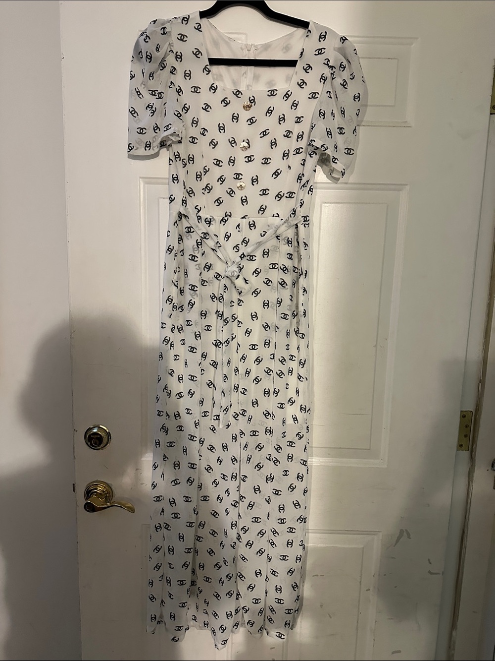 White Puff-Sleeve Maxi Pants Dress with Black Logo Print